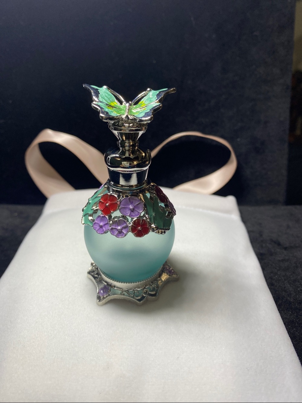 Vintage style Glass Perfume Bottle Aqua Butterfly Enamel Flowers Gift